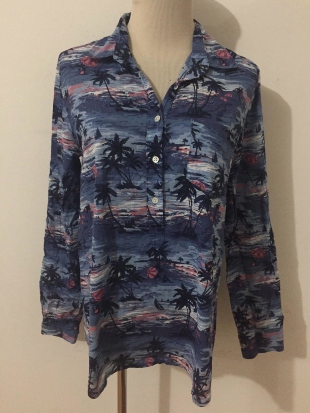 Crew Tropical Palm Tree Beach Popover Shirt Medium Coastal Fairy Pullover
